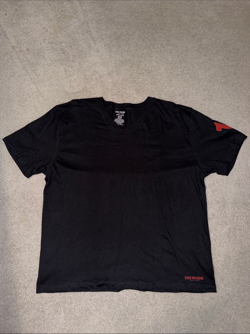 True Religion Black Short Sleeve V-Neck Tee with Red Accent